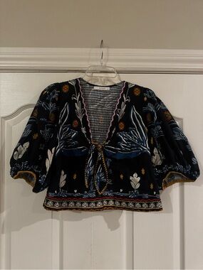 Alara Black Floral Tie-Front Peasant Blouse